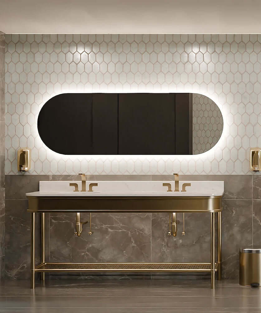 Aurora backlit LED vanity mirror - 72" Wide x 24" High in a commercial setting.