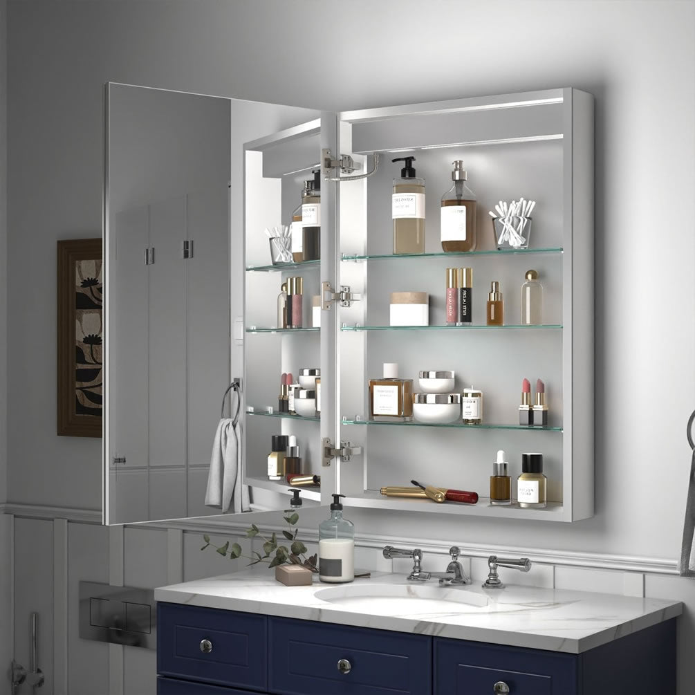 Reluma 24" x 36" Open - Showing ample storage space and 3 tempered glass adjusable shelves, each capable of supporting 10 lbs. Additionally, there are 2 USB ports and 2 AC Outlets.