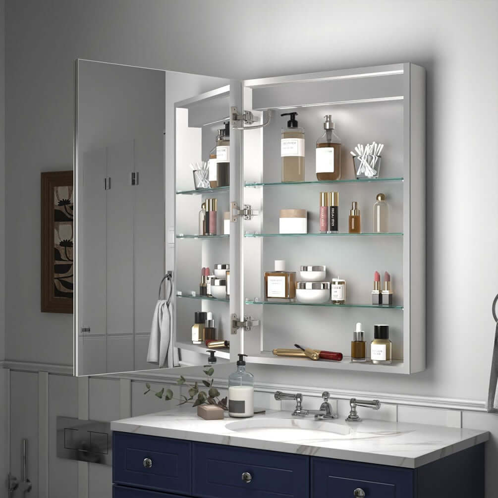 Reluma 24" x 36" Open - Showing ample storage space and 3 tempered glass adjusable shelves, each capable of supporting 10 lbs. Additionally, there are 2 USB ports and 2 AC Outlets.