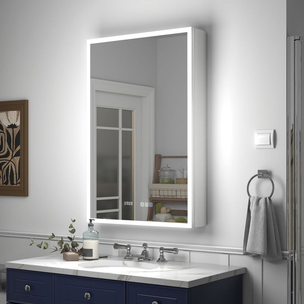 The Reluma has perimeter front-facing LED lighting, doors mirrored on both sides, a dimmer, a defogger, and adjustable LED coloring.