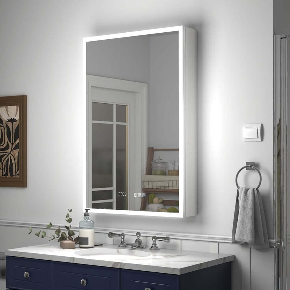 The Reluma has perimeter front-facing LED lighting, doors mirrored on both sides, a dimmer, a defogger, and adjustable LED coloring.