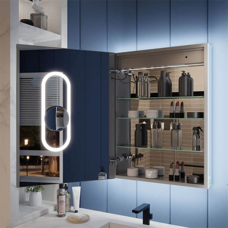 Iriel 24" x 32" High - open. Magnetic makeup mirror with lights is visible inside the door, surrounded by LED lighting.