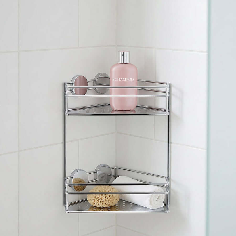 Stainless Steel Self-Adhesive Corner Shower Basket, Polshed Chrome or Matte Black - by Beslagsbode