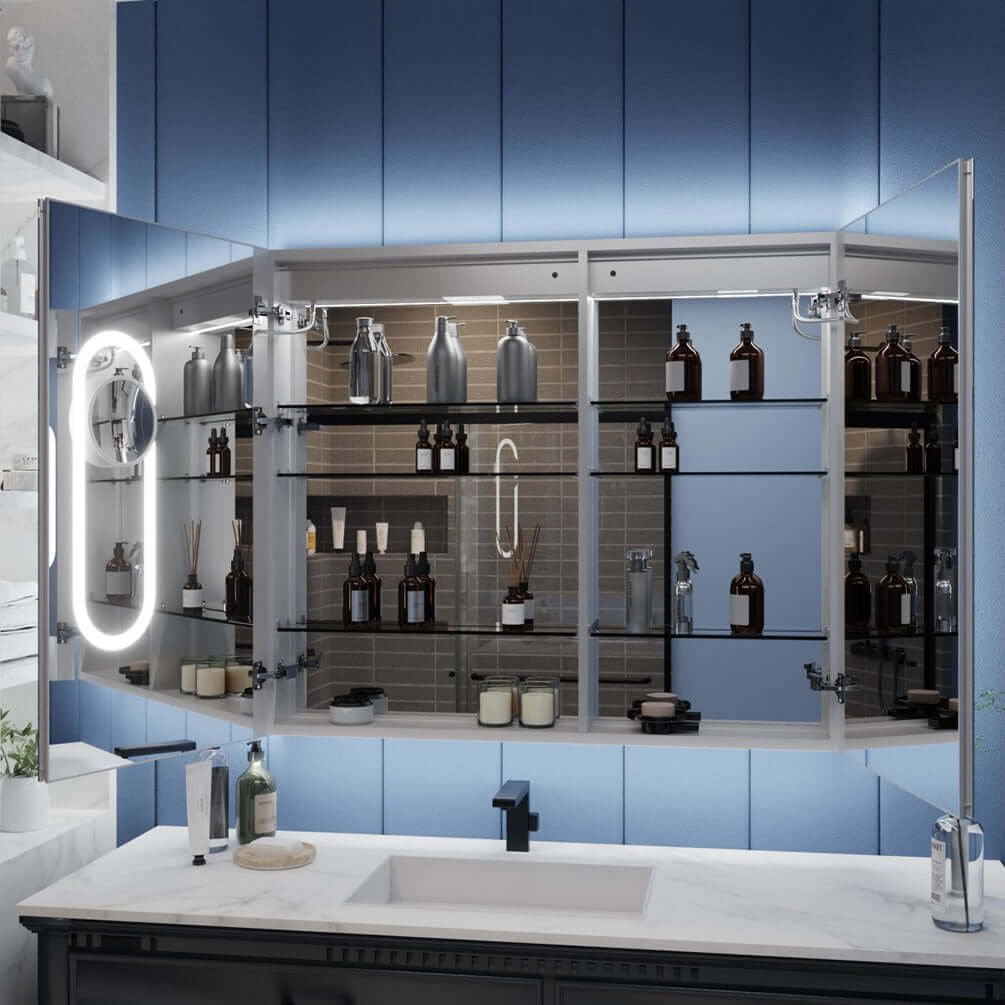 42" x 36" High Iriel Medicine cabinet has loads of storage space inside plus a double AC outlet, 2 USB ports, automatic lighting, and a magnifying mirror that's LED lighted inside the door.