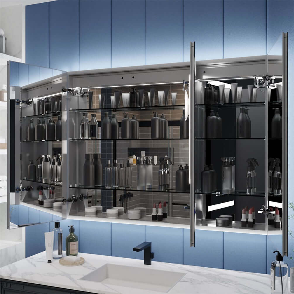 Gobs of storage! The 54" Wide x 36" High Iriel Medicine Cabinet by Mirror Luxe. There are 2 USB ports, a double AC outlet, and a mekup mirror with lights, in the interior. The mirror is insside the door, LED illuminated, and height-adjustable.