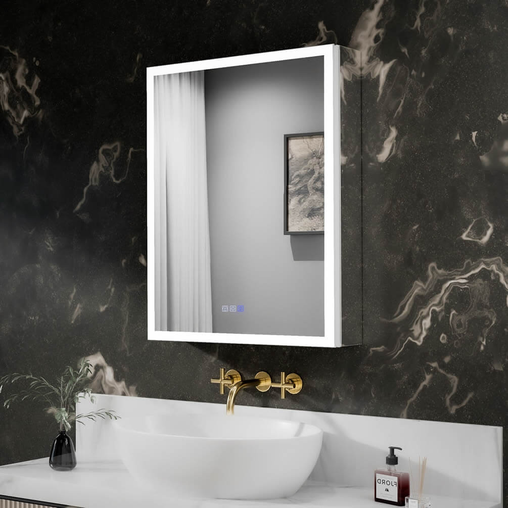 Relais by Mirror Luxe has a door mirrored on both sides, and exterior side-mirrors pre-attached, removable for recessed installation..