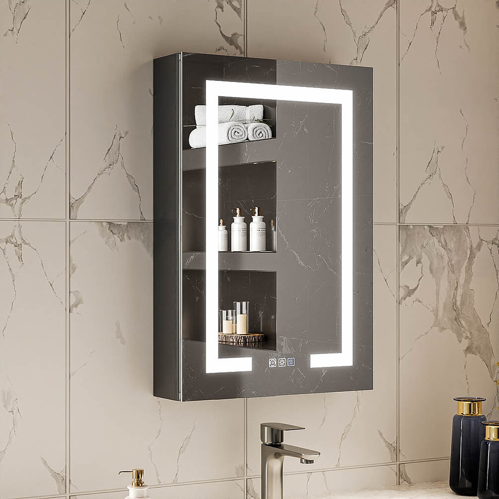 Belvara 20" x 30" Black-Framed Medicine Cabinet is a "knock-out". With dimmer, defogger, adjustable LED color temperature and much more., this medicine cabinet will serve you well while it looks great in your bathroom.