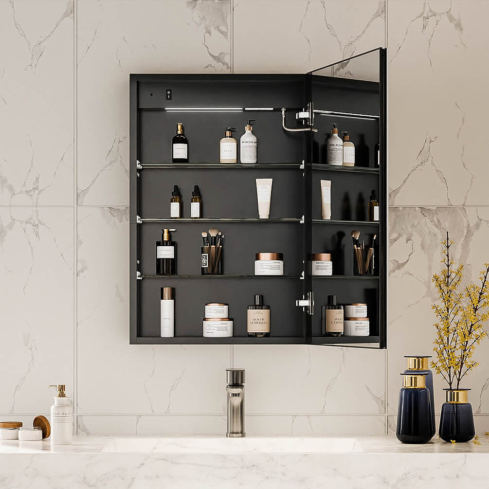 Plent y of storage in a smallelr (20" x 30") medicine cabinet. Belvara Black by Mirror Luxe