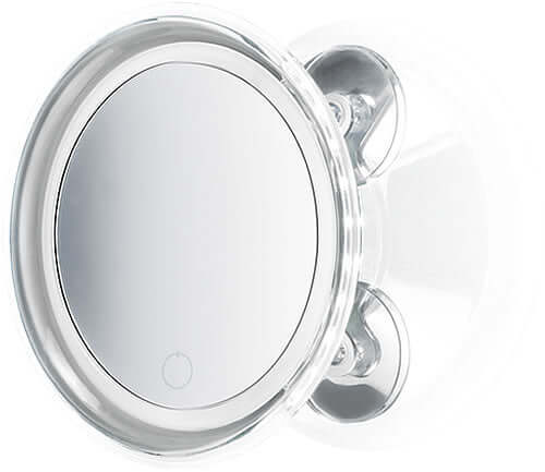Battery operated LED lighted 5x travel mirror with 3 suection cups.