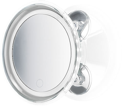 Battery operated LED lighted 5x travel mirror with 3 suection cups.