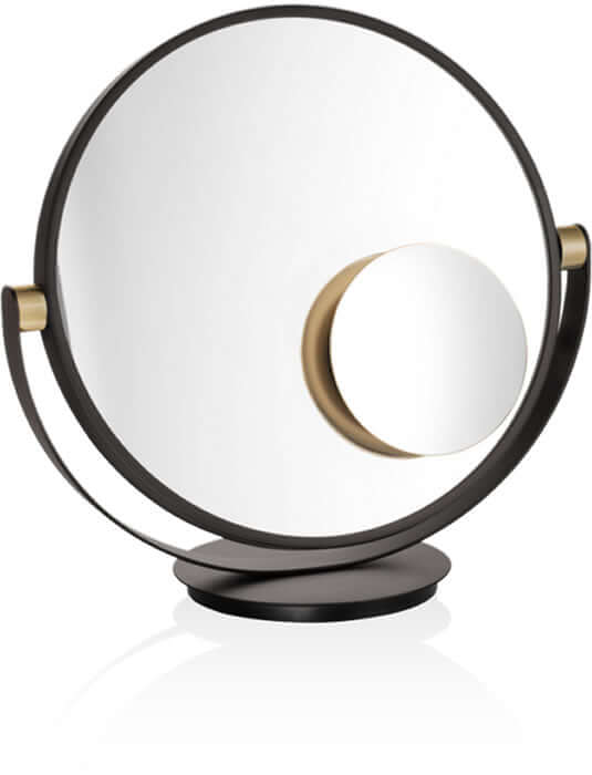 Decor Walther Matte Gold 5x VANITY PLUS on the 1x Decor Walther VANITY free-standing makeup mirror. Main mirror sold separately.