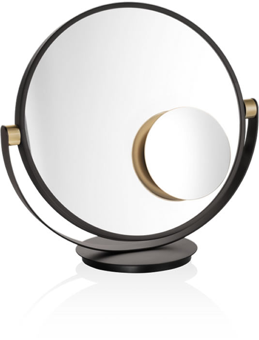 Decor Walther Matte Gold 5x VANITY PLUS on the 1x Decor Walther VANITY free-standing makeup mirror. Main mirror sold separately.