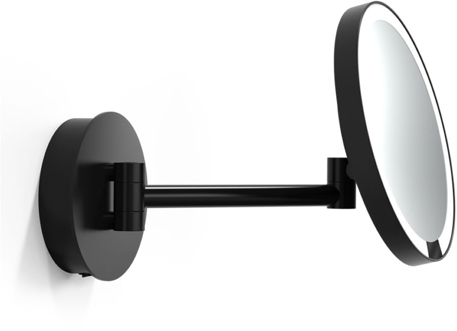 Matte Black rechargeable makeup mirror with lights by Decor Walther of Germany. 30,000 hour LEDs have a CRI of 90+