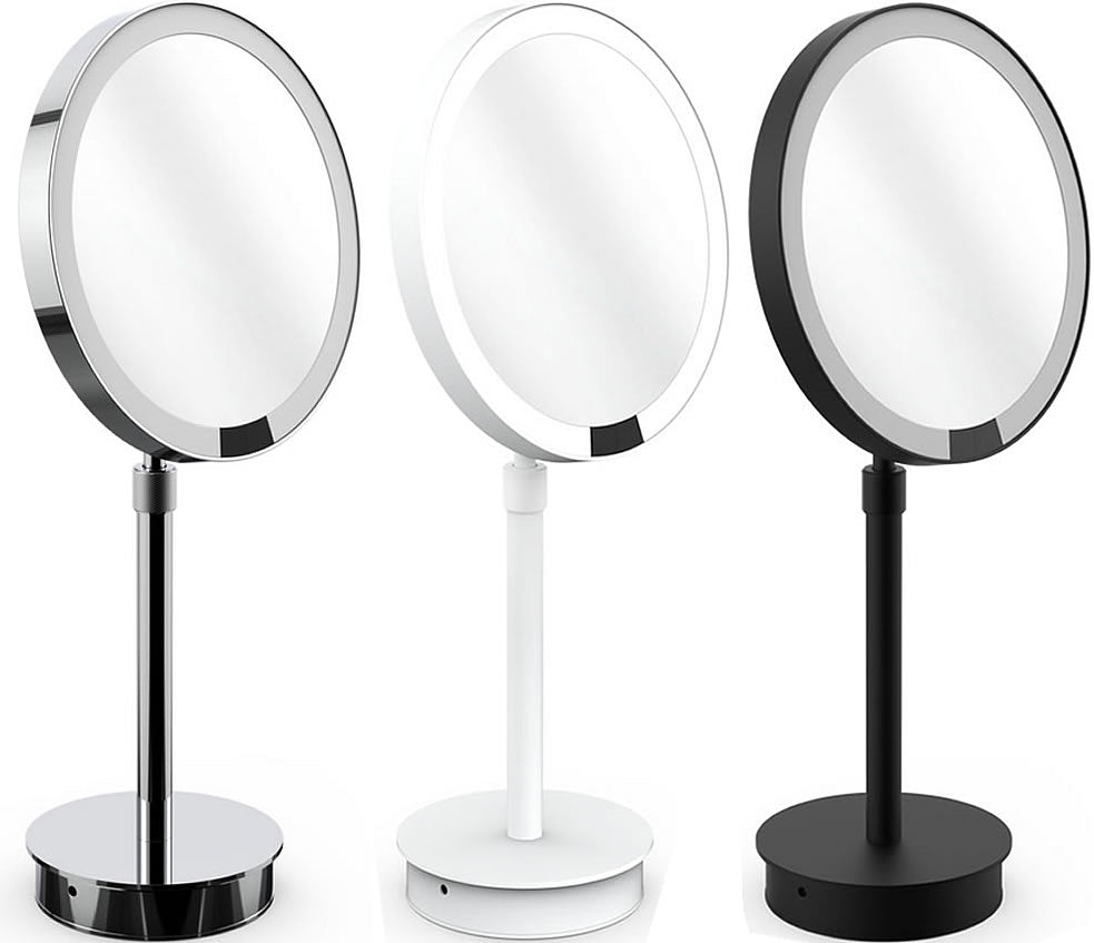 Rechargeable, in Chrome, White, or Black with Magnifications of 5x or 7x.