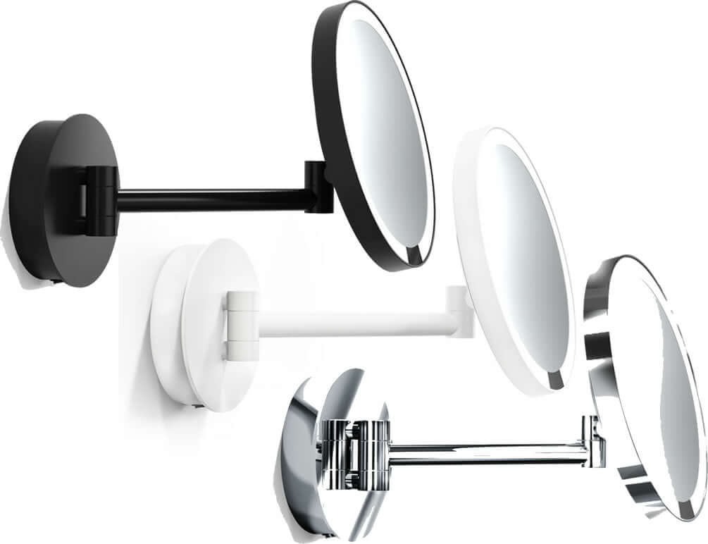 Rechargeable wall-mounted JUST LOOK PLUS Cosmetic Mirror by Decor Walther. Matte Black, Matte White, or Polished Chrome
