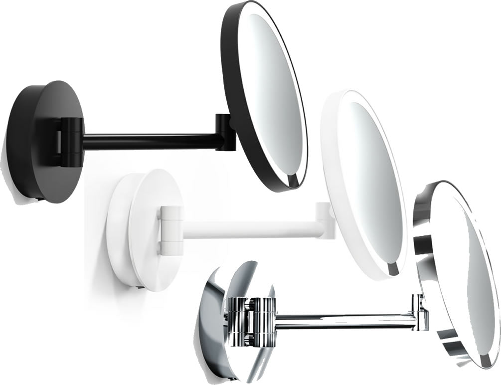 Rechargeable wall-mounted JUST LOOK PLUS Cosmetic Mirror by Decor Walther. Matte Black, Matte White, or Polished Chrome