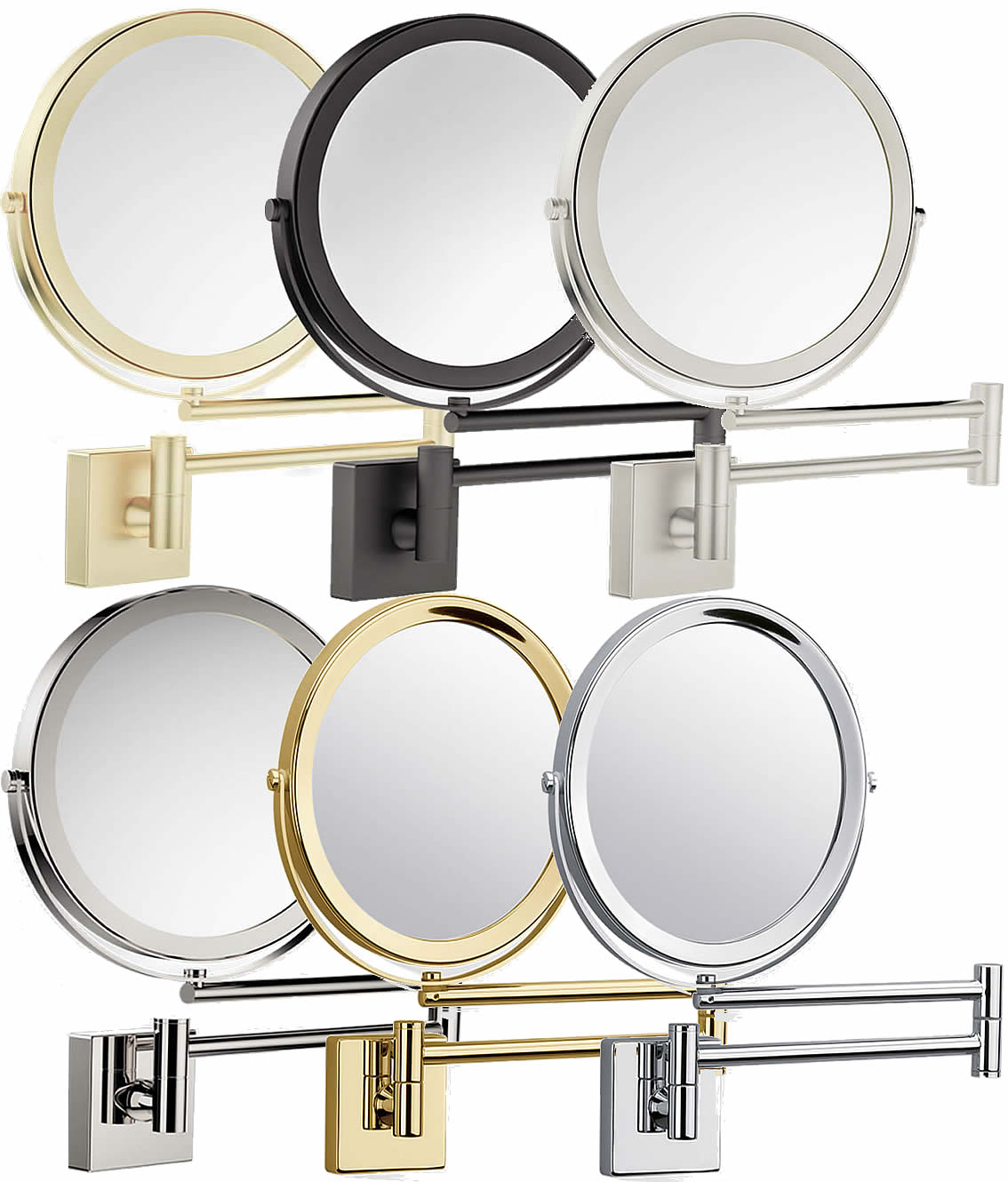 Left to right, Top Row: Matte 24 Carat Gold, Matte Dark Metal, Satin Nickel. Bottom Row: Polished Nickel, Polished 24 Carat GHold, Polished Chrome.