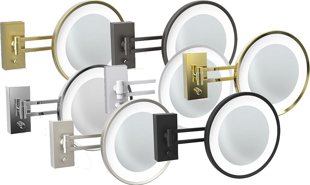 Left-to-right, Top Row: Matte 24 Carat Gold, Matte Dark Metal (Brown/Black). Middle Row: Polished Chrome, Matte White, Polished 24 Carat Gold. Bottom row: Satin Nickel, Matte Black