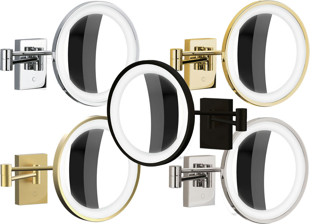 Top: Polished Chrome, Polished 24 Carat Gold. Center: Matte Black. Bottom: Matte 24 Carat Gold, Polished Nickel