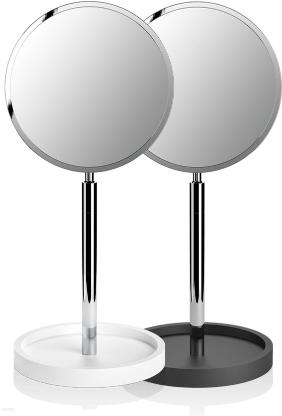 Decor Walther free-standing makeup mirrors in Matte White or Matte Black, with a cast mineral "stone" storage base.