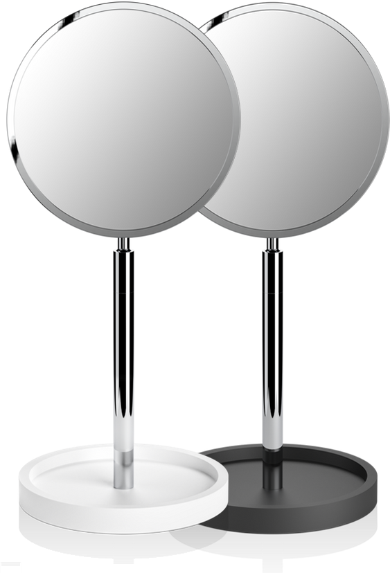 Decor Walther free-standing makeup mirrors in Matte White or Matte Black, with a cast mineral "stone" storage base.