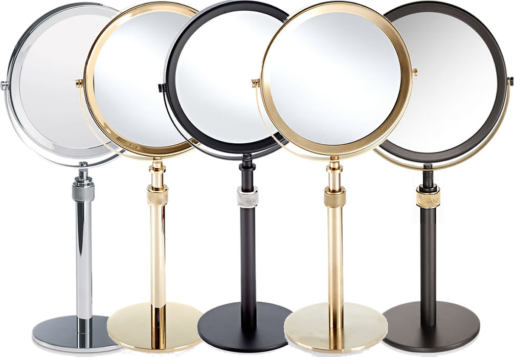 Decor Walther adjustable height 5x/1x Makeup Mirror. Left-to-right: Polished Chrome, Polished 24 Carat Gold, Matte Black, Matte 24 Carat Gold, Dark Metal (Brown/Black)