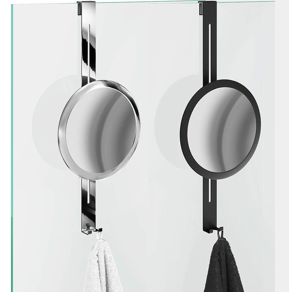Over-Glass 5x Makeup/Shaving Mirror for the Shower - Slides up and down and tilts and swivels. In Polished Chrome or Matte Black