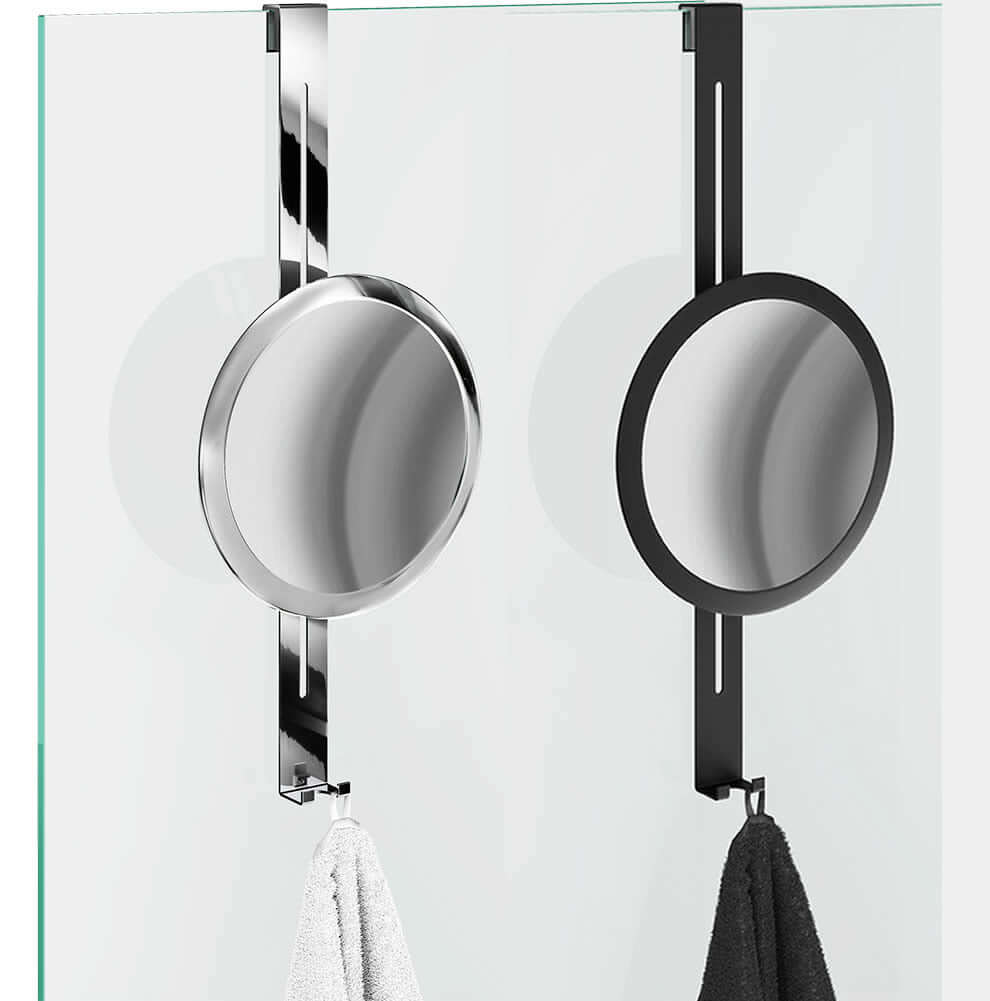 Over-Glass 5x Makeup/Shaving Mirror for the Shower - Slides up and down and tilts and swivels. In Polished Chrome or Matte Black