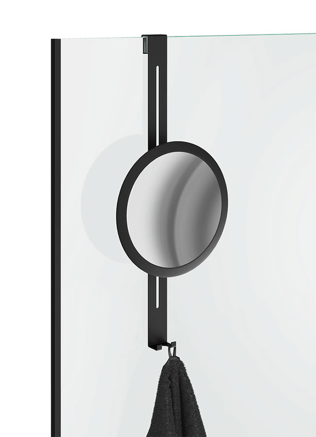 Over-glass Stainless Steel Shower Mirror in Matte Black with bottom hook for towel, wash cloth, squeegee, razor, or whatever.