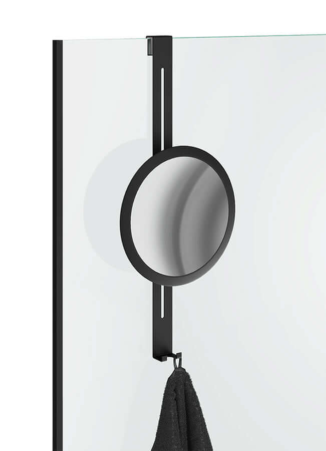 Over-glass Stainless Steel Shower Mirror in Matte Black with bottom hook for towel, wash cloth, squeegee, razor, or whatever.