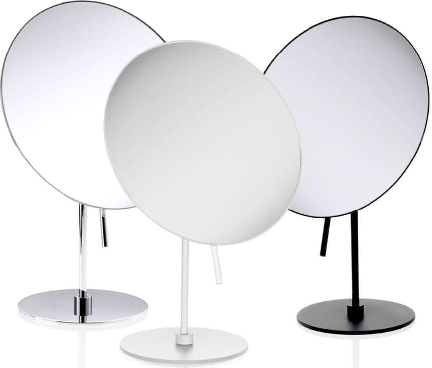 Decor Walther 5x Cosmetic Mirror. Left-to-right: Polished Chrome, Matte White, Matte Black
