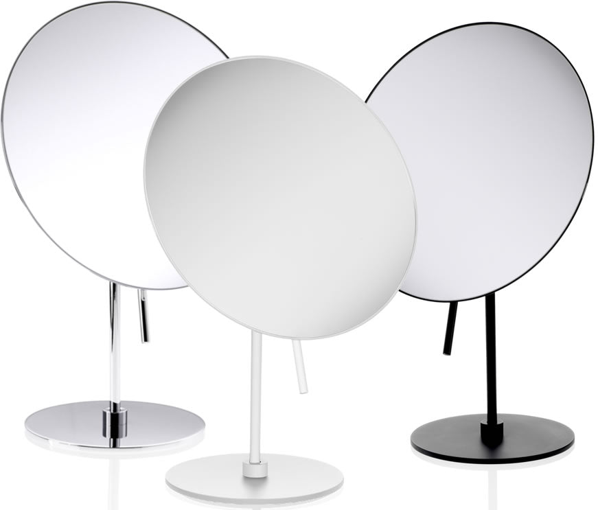 Decor Walther 5x Cosmetic Mirror. Left-to-right: Polished Chrome, Matte White, Matte Black