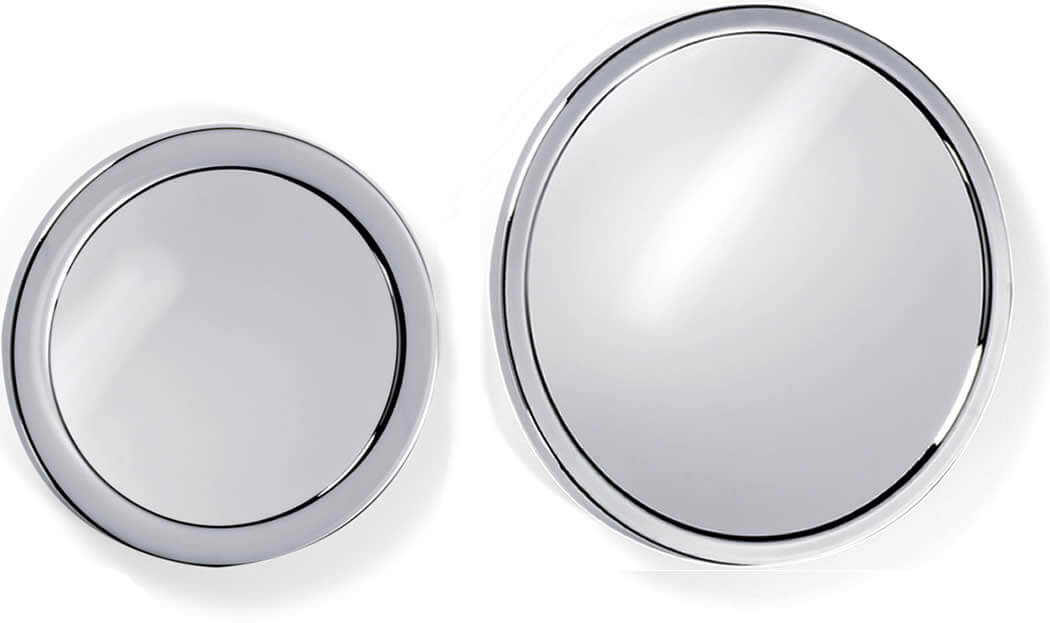 SPT 1 Left - 5.5" Diameter. SPT 2 Right, 7.5" Diameter.. Both sizes have three strong suction cups at rear and both are crafted from Stainless Steel. 5x Magnification.