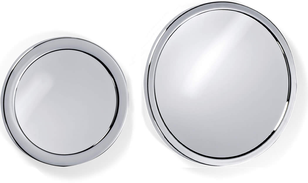 SPT 1 Left - 5.5" Diameter. SPT 2 Right, 7.5" Diameter.. Both sizes have three strong suction cups at rear and both are crafted from Stainless Steel. 5x Magnification.