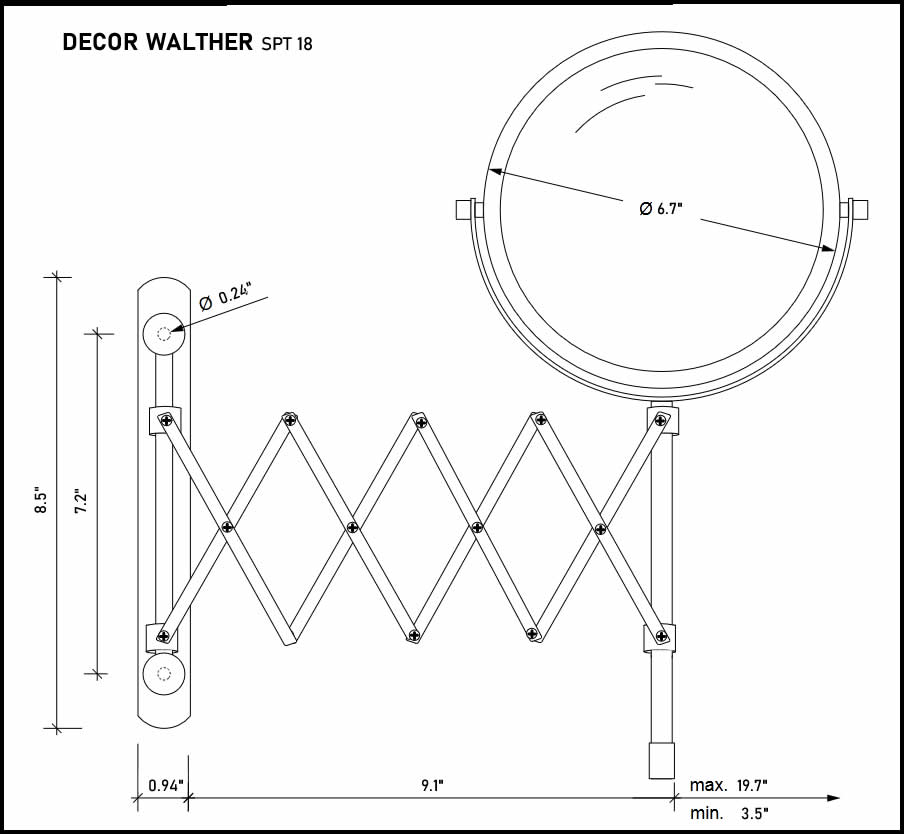 An avant garde classic. The extension (pantograph) mirror extends to 19.7". Double "scissors" won't sag.