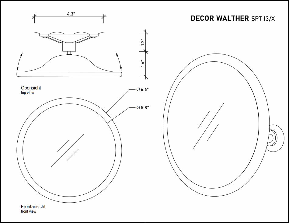 SPT 13/X Suction Cup Travel Makeup Mirror technical drawing. 10x Magnification.