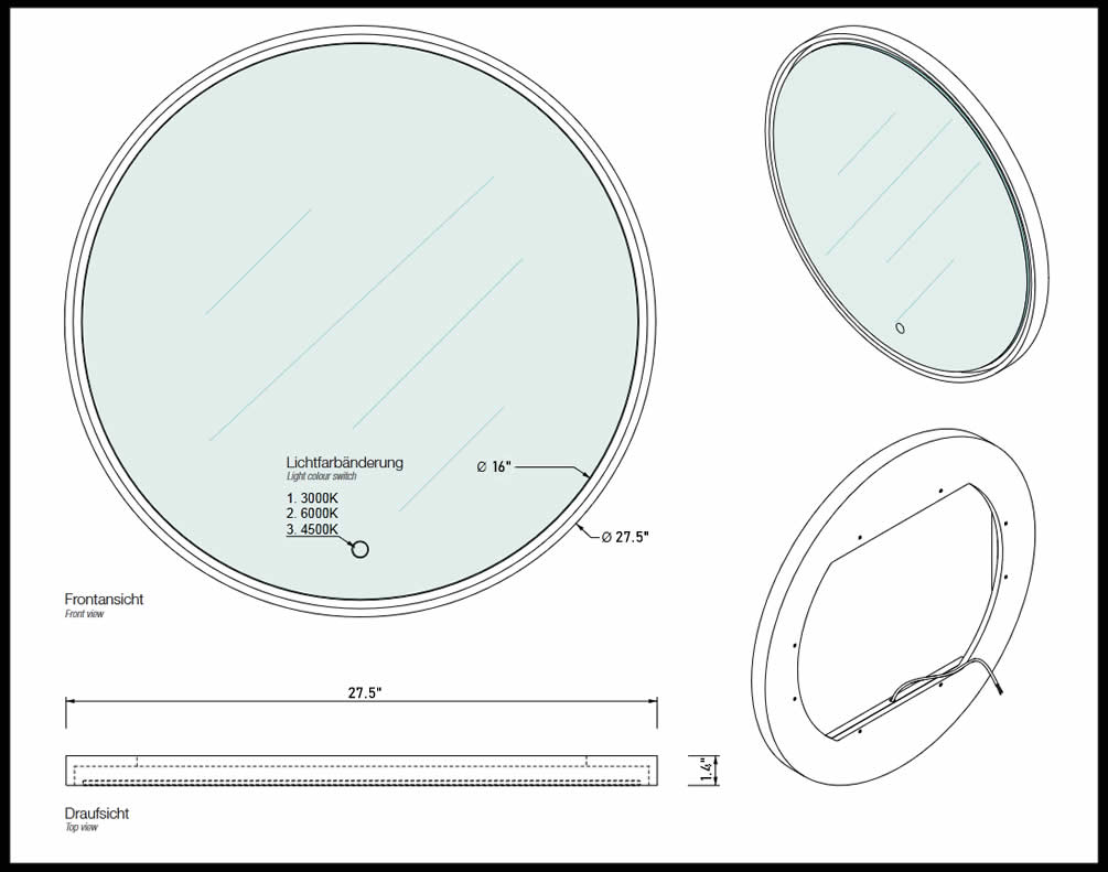 Decor Walther STONE mirror. 3,000 Lumens with settings for 3,000k, 4,500k, and 6,000k.