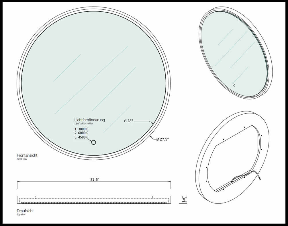 Decor Walther STONE mirror. 3,000 Lumens with settings for 3,000k, 4,500k, and 6,000k.