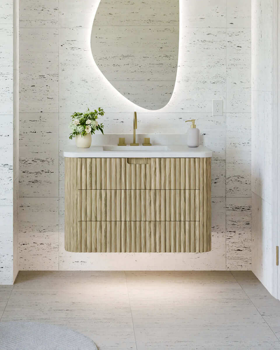 Monterey Floating Vanity by Electric Mirror in Luxe Oak. Electric Mirror's Vela Vanity Mirror shown above the vanity.