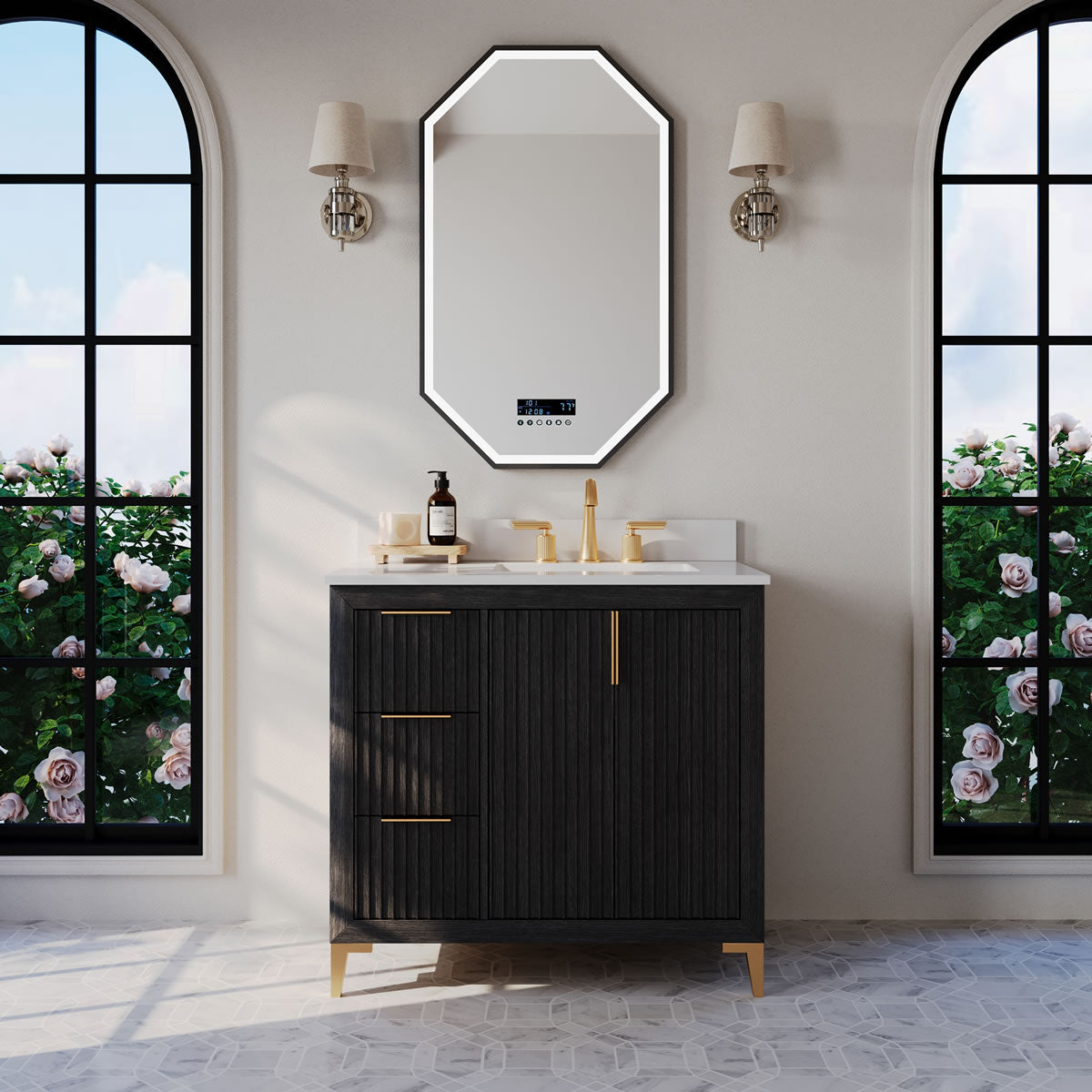 Turlington 36" Solid Wood Vanity Set Finished in American Oak or Black Oak by Ancerre Designs $1669.00 Perfect Makeup Mirrors