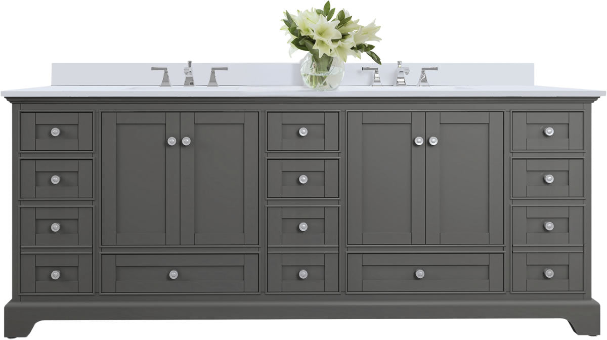 Audrey 84" Sapphire Grey vanity. Handcrafted from solid hardwood -- no MDF or particle board whatsoever.