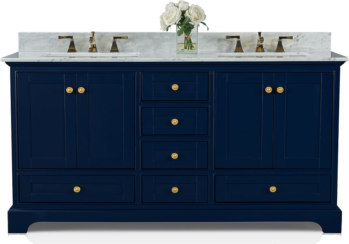 Audrey 60" & 66" Blue or Oak Solid Wood Vanities - Marble or Quartz Tops, Gold or Nickel Hardware - by Ancerre Design $2159.00 Perfect Makeup Mirrors