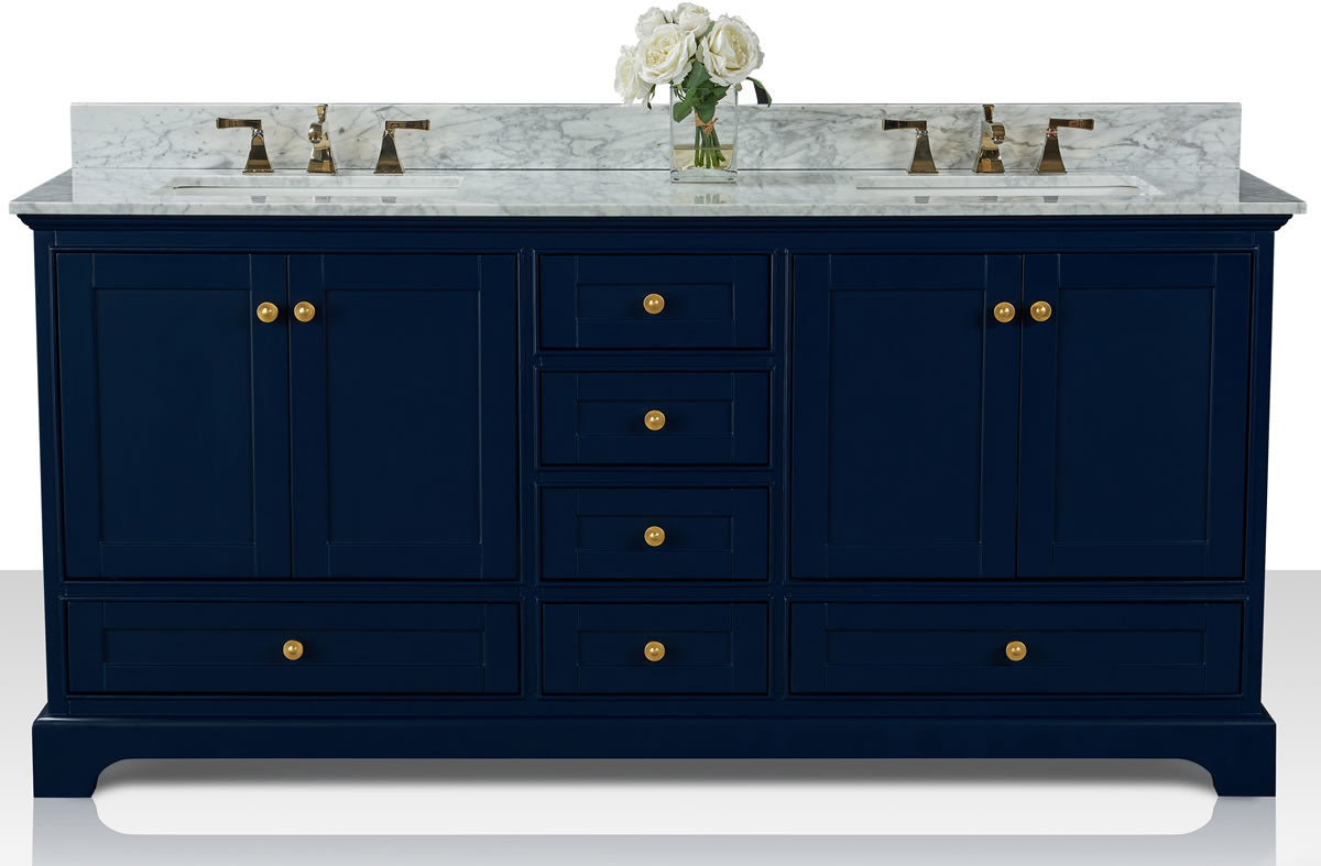 Audrey 72" Heritage Blue vanity. Solid wood legs with integral leg levelers and solid metal cabinet knobs finished in gold.