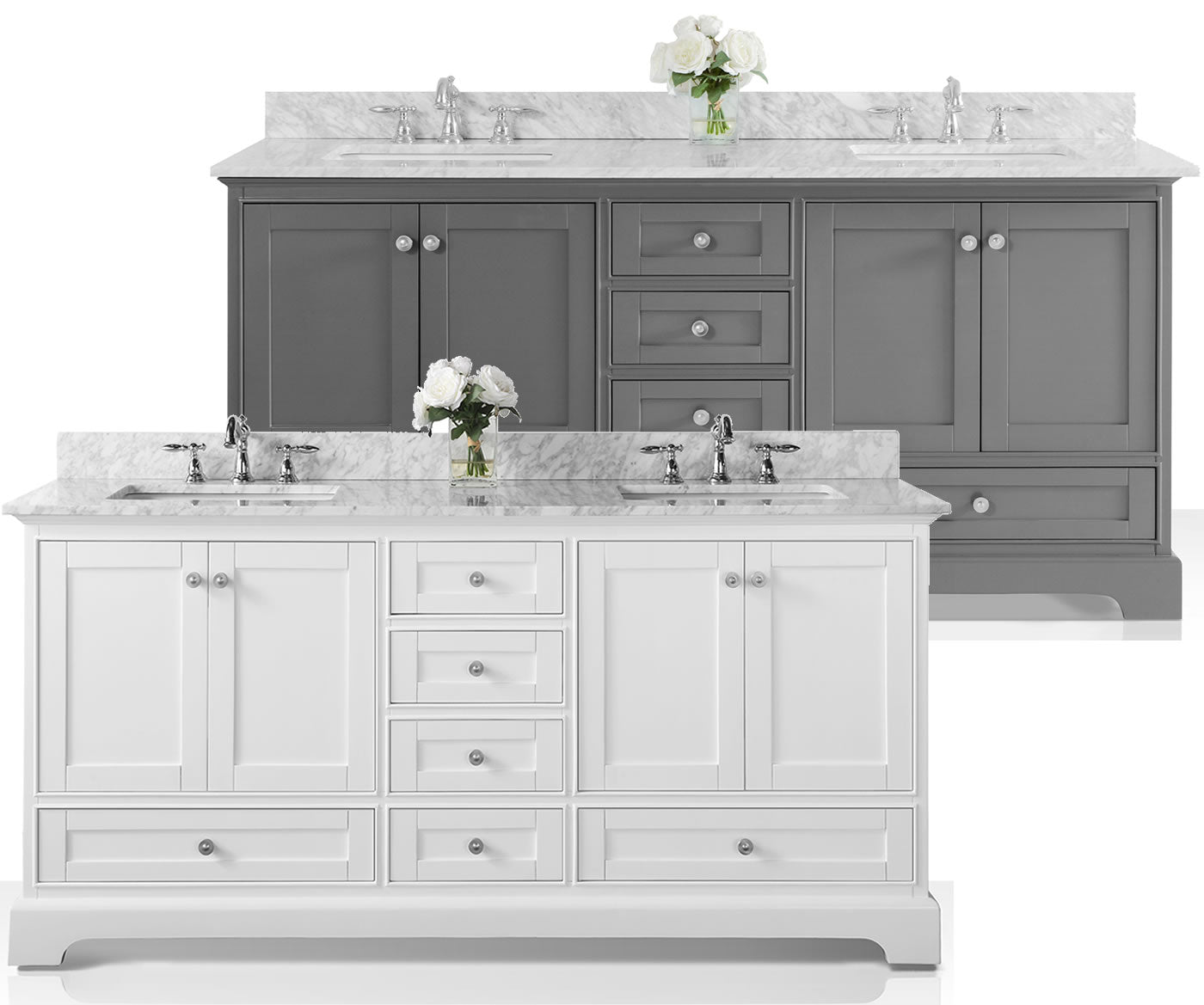 Audrey 72" vanity, available in multiple finishes including Sapphire Grey and White / Nickel Hardware.