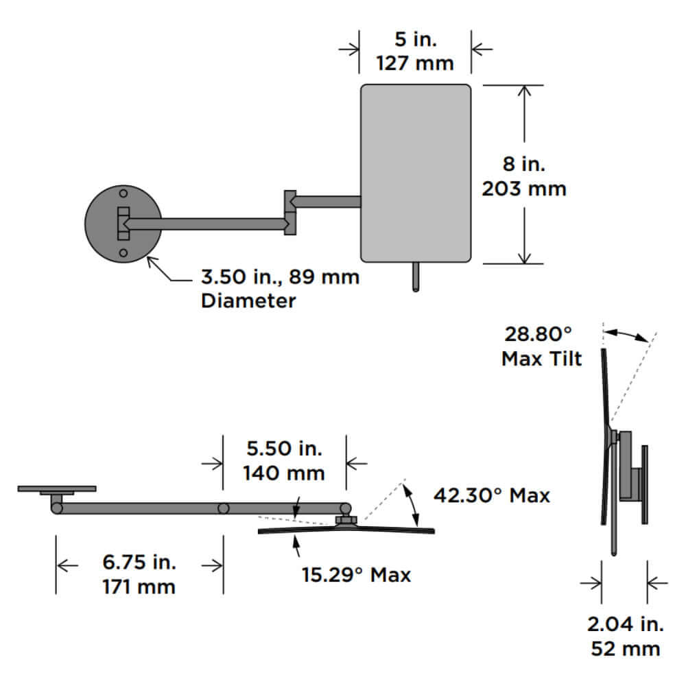 Electric Mirror Company Contour Makeup Mirror dimensioned drawing.