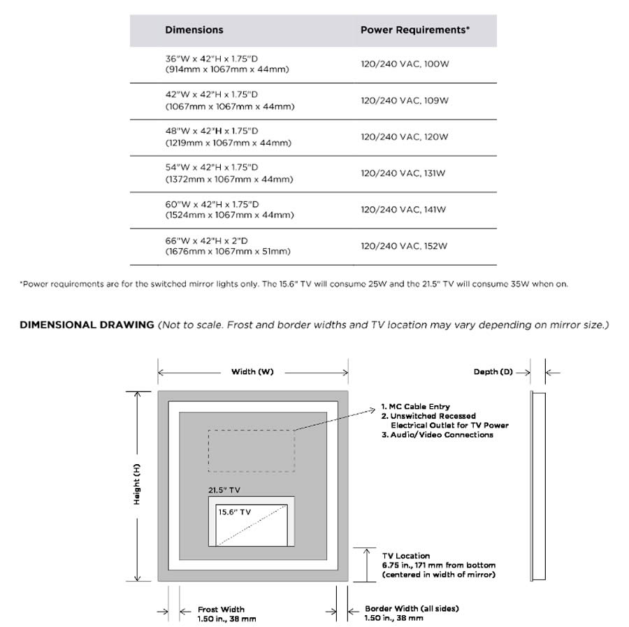 Electric Mirror Integrity TV Lighted Mirror with 15.6" HDTV that "Disappears" When Off, 6 sizes