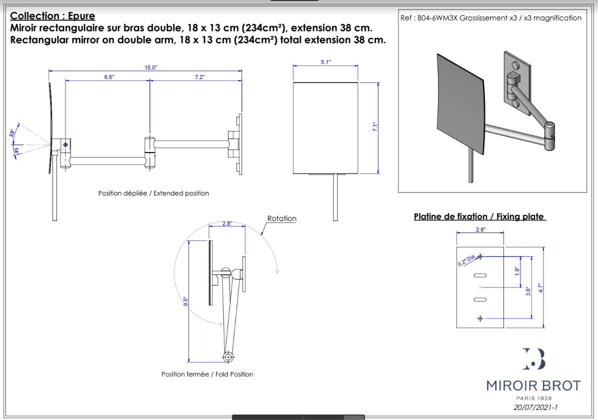 Epure rectangular wall-mounted makeup mirror specifications.