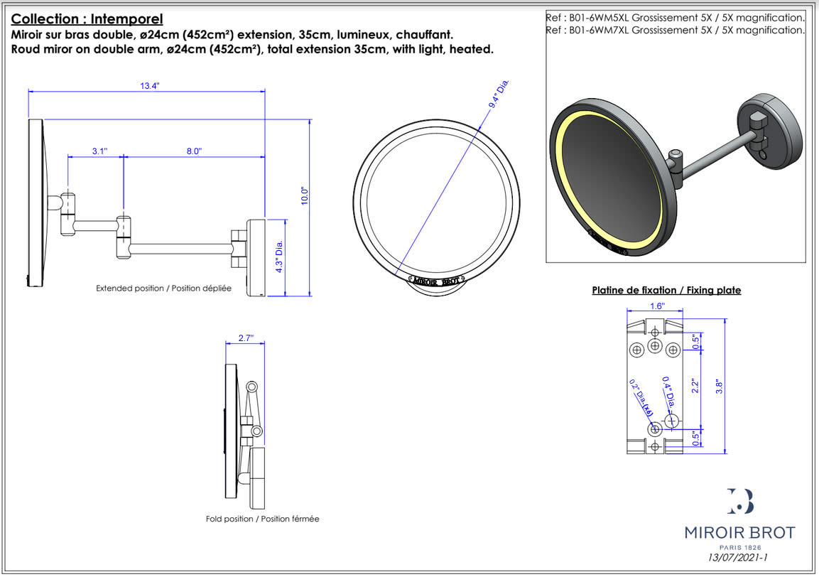 Intemporel Hardwired Makeup Mirror specifications.