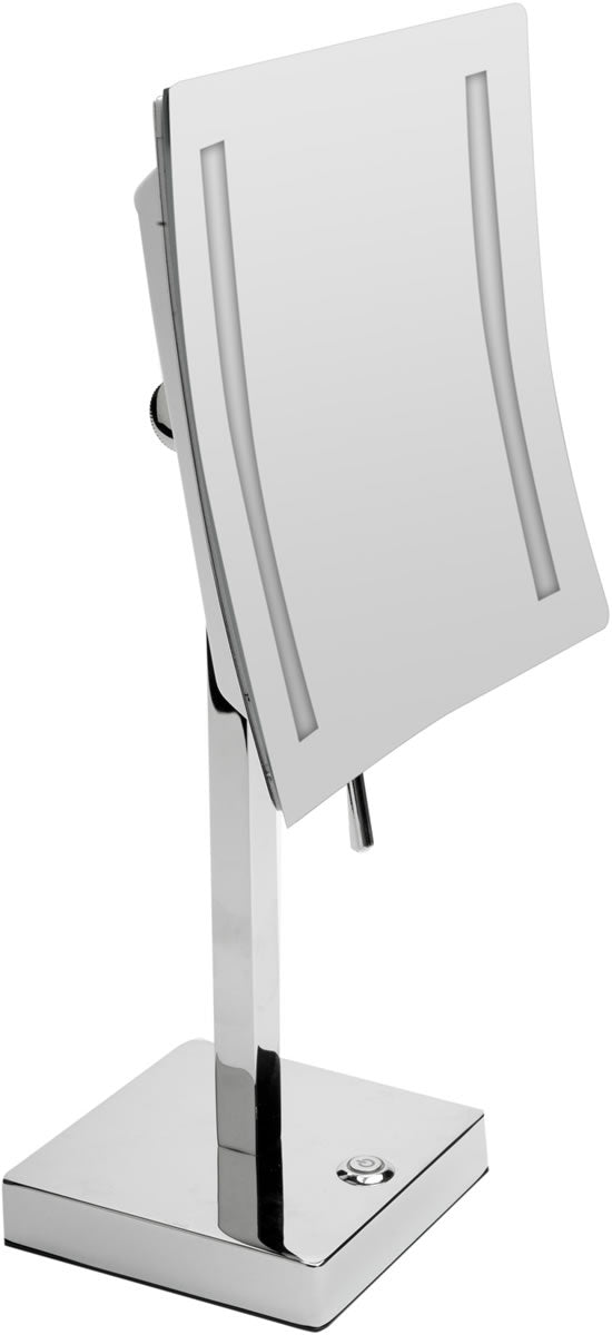Polished Chrome, dual LED side-lighting, and 5x Magnification.  Plug in or charge and run it on built-in battery.
