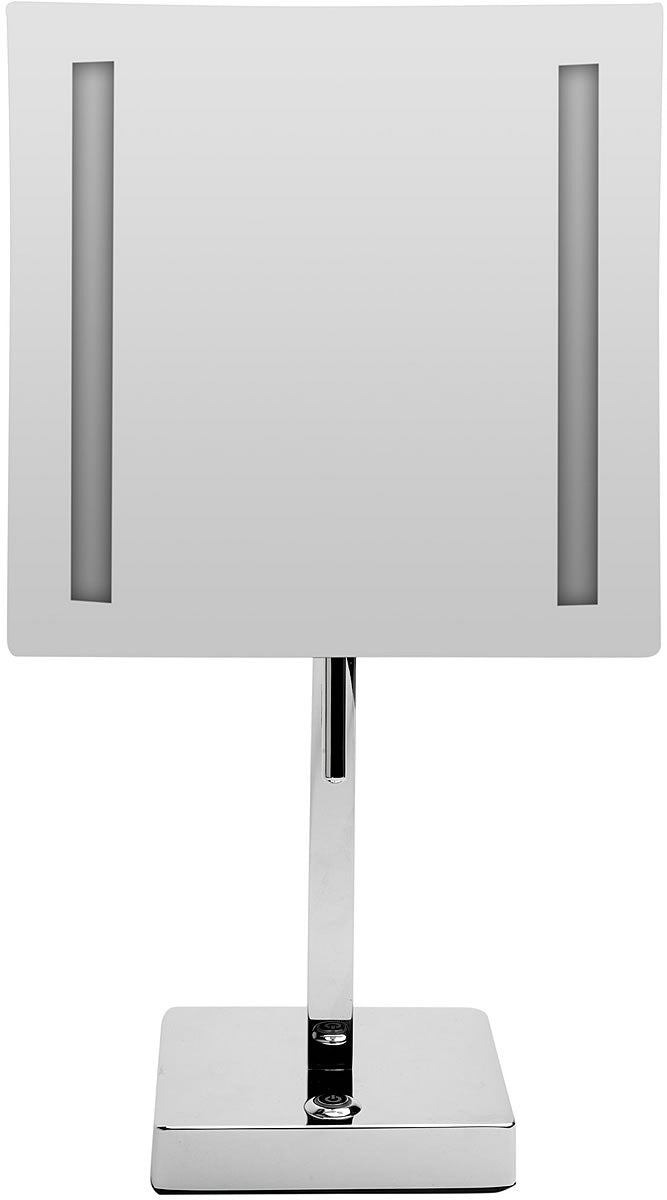 Polished Chrome, dual LED side-lighting, and 5x Magnification.  Plug in or charge and run it on built-in battery.